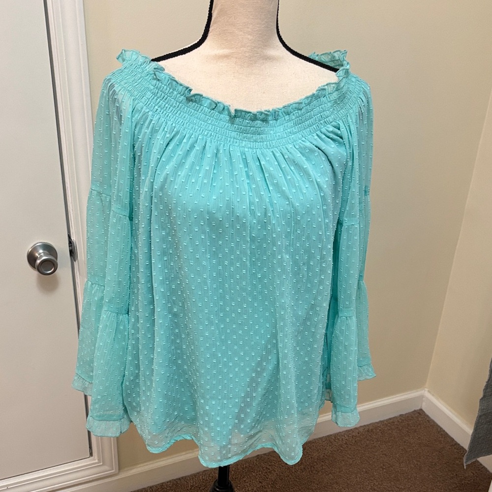 Panhandle Smocked Aqua Off-Shoulder Women's Top size Large